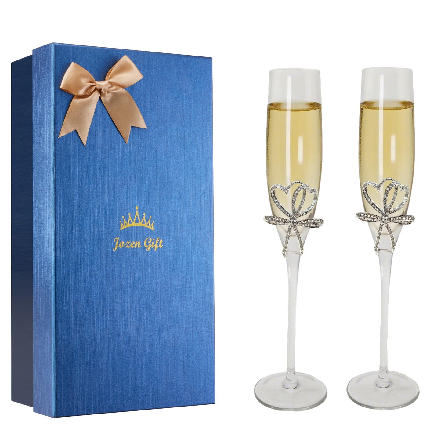 Jozen Gift Silver Champagne Flutes - Set of 2 Hand Blown Champagne Glasses wtih Metal Accent DOUBLE HEARTS- Gifts for Birthday,Wedding, Mother’s Day - 6 oz (Modern, Silver)