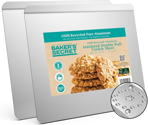 Baker's Secret Pure Aluminum Cookie Sheet - Commercial Grade Insulated Baking Tray, 2pcs Set