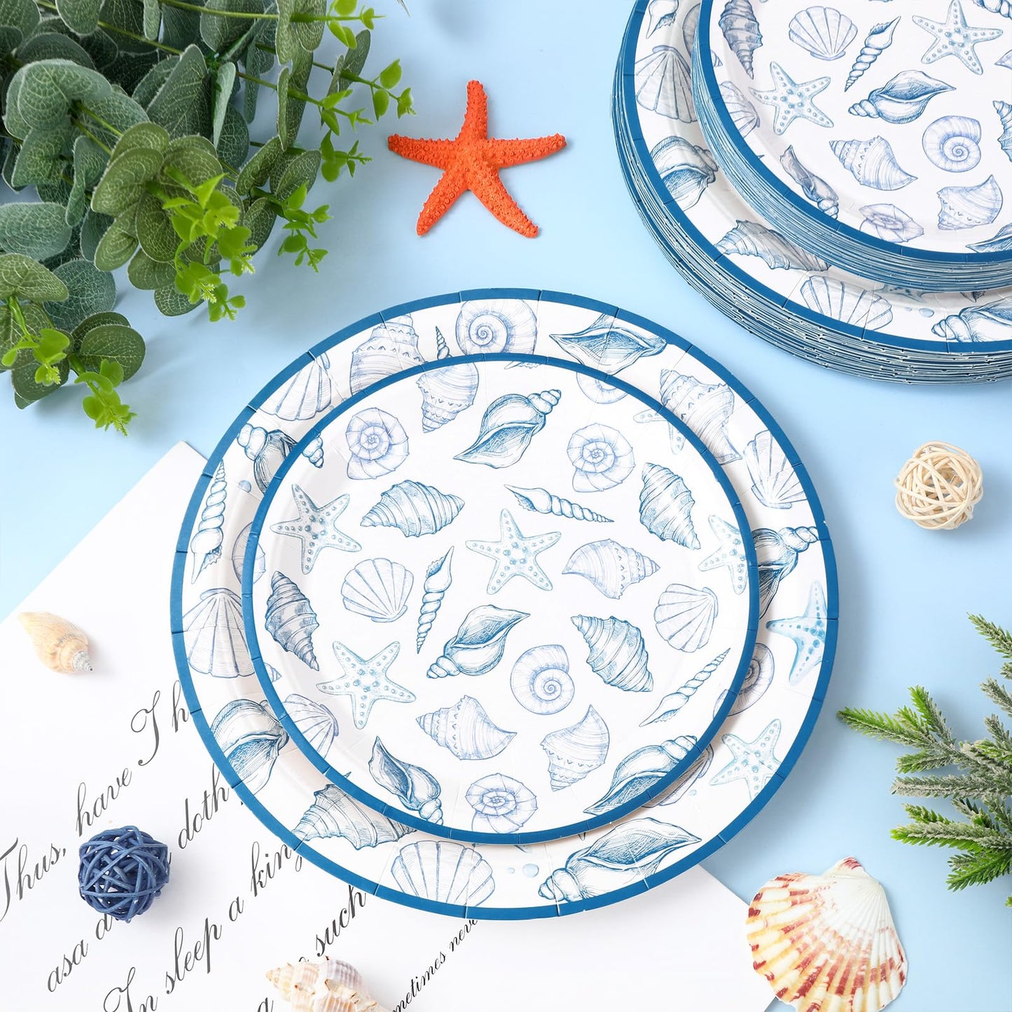 FYSUIMU 50 Pcs Ocean Paper Plates Blue Seashell Disposable Plates 7 & 9 Inch Summer Sea Beach Theme Dessert Plate for Birthday Baby Shower Wedding Party Tableware Supplies