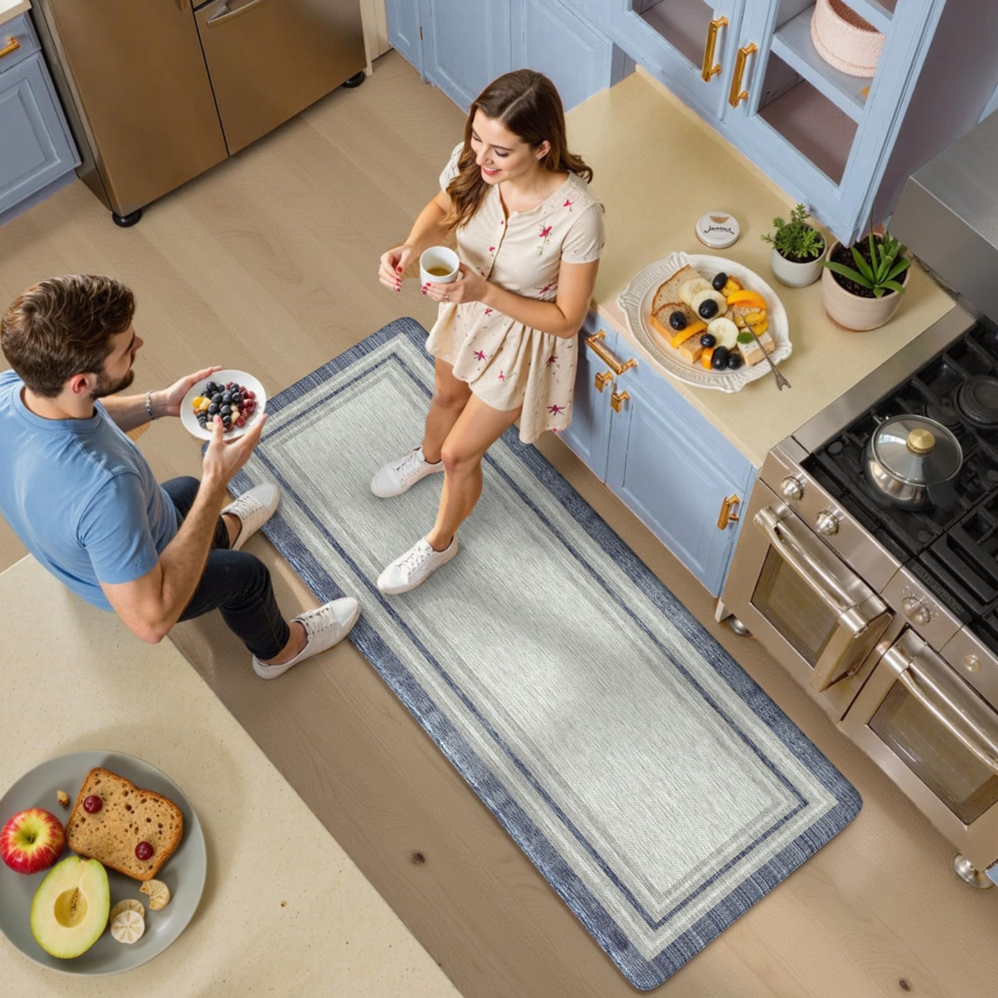 KIMODE Anti Fatigue Kitchen Mats for Floor, Farmhouse Rugs for Kitchen Floor, Cushioned Kitchen Floor Mat Non Slip, Comfort Memory Foam Standing Mat for Laundry Office Sink Desk Blue 24"x59"