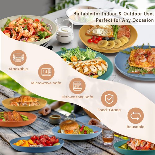 Homienly Dinner Plates, Deep Plate Set, Alternative to Plastic Plates, Microwave and Dishwasher Safe Wheat Straw Plates for Kitchen, Camping, Unbreakable Plate with 6 Colors, Set of 6 (9 Inch, Multi)