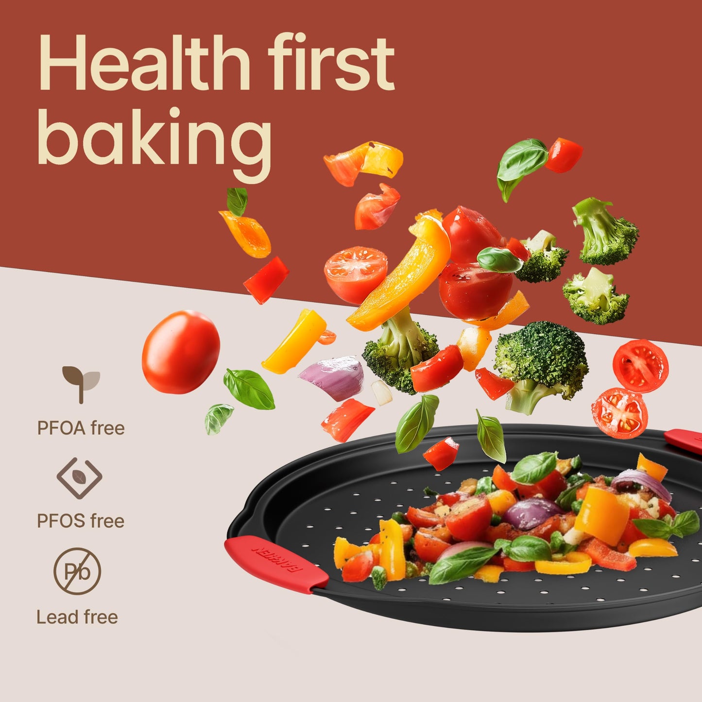 Bakken Pizza Baking Pan - Round Perforated Carbon Steel Pan with Non-Stick Marble Coating, Oversized Silicone Handle, Dishwasher Safe, High-Temperature Resistant, Durable & Easy Cleanup Black, 1 Pack