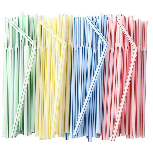 ALINK 200-Pack Striped Flexible Drinking Straws, Multi Colored Plastic Disposable Bendy Straws - 7.75" x 0.23"