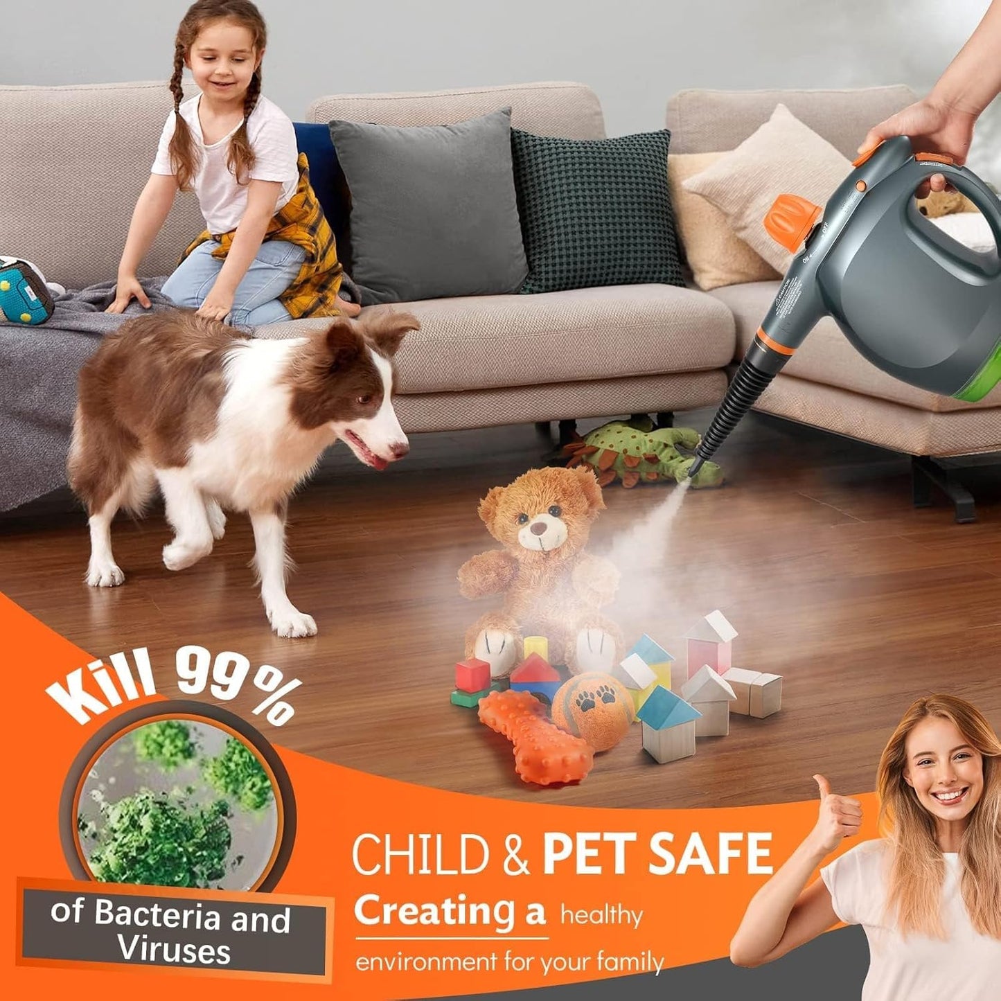 Skiennix 1250W Handheld Steam Cleaner - Multifunctional Pressurized Steamer for Kitchen, Bathroom & Floors