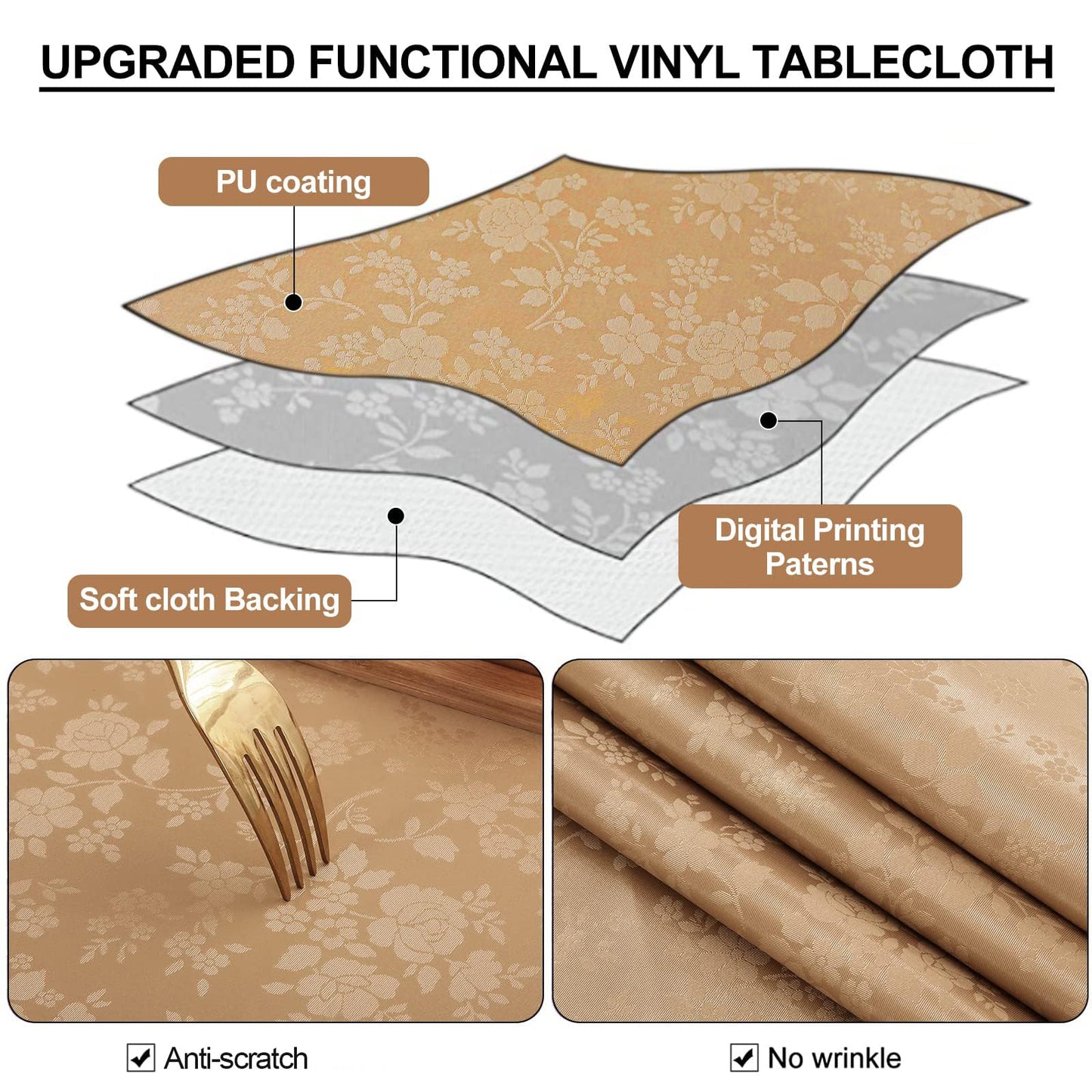 Smiry Rectangle Table Cloth, Waterproof Heavy Duty Vinyl Tablecloths, Wipeable Washable Table Cover for Kitchen and Dining Room (Brown, 54" X 108")