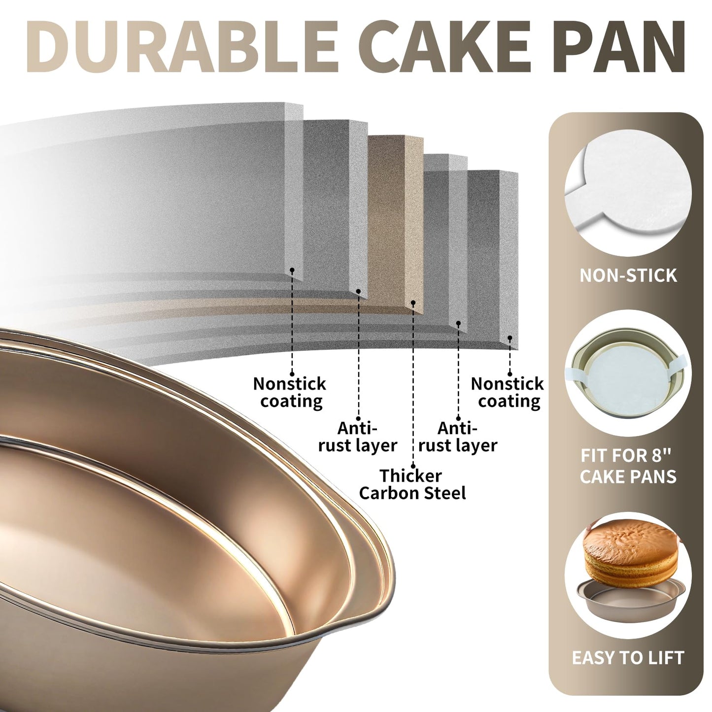 8 Inch Cake Pans, 3PCS Nonstick Round Baking Pans with 50PCS Parchment Papers, Durable Birthday Circle Cake Baking Pan with Handle for Multi-Layer Cakes, Dishwasher Safe (Gold, 8 inch)