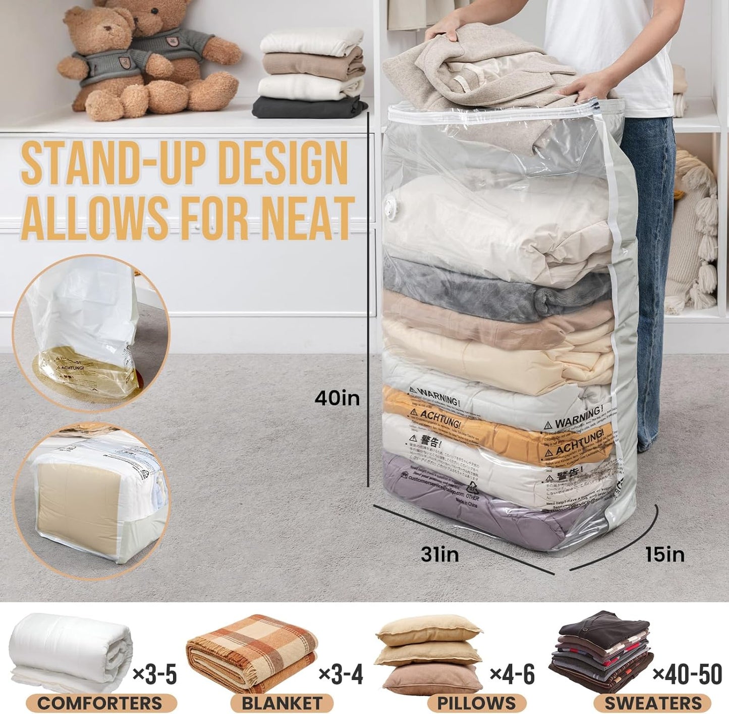 TAILI Jumbo Vacuum Storage Bags - Extra Large Seal Bags for Clothing & Bedding | 4 Pack, Cream (31x40x15 Inch)