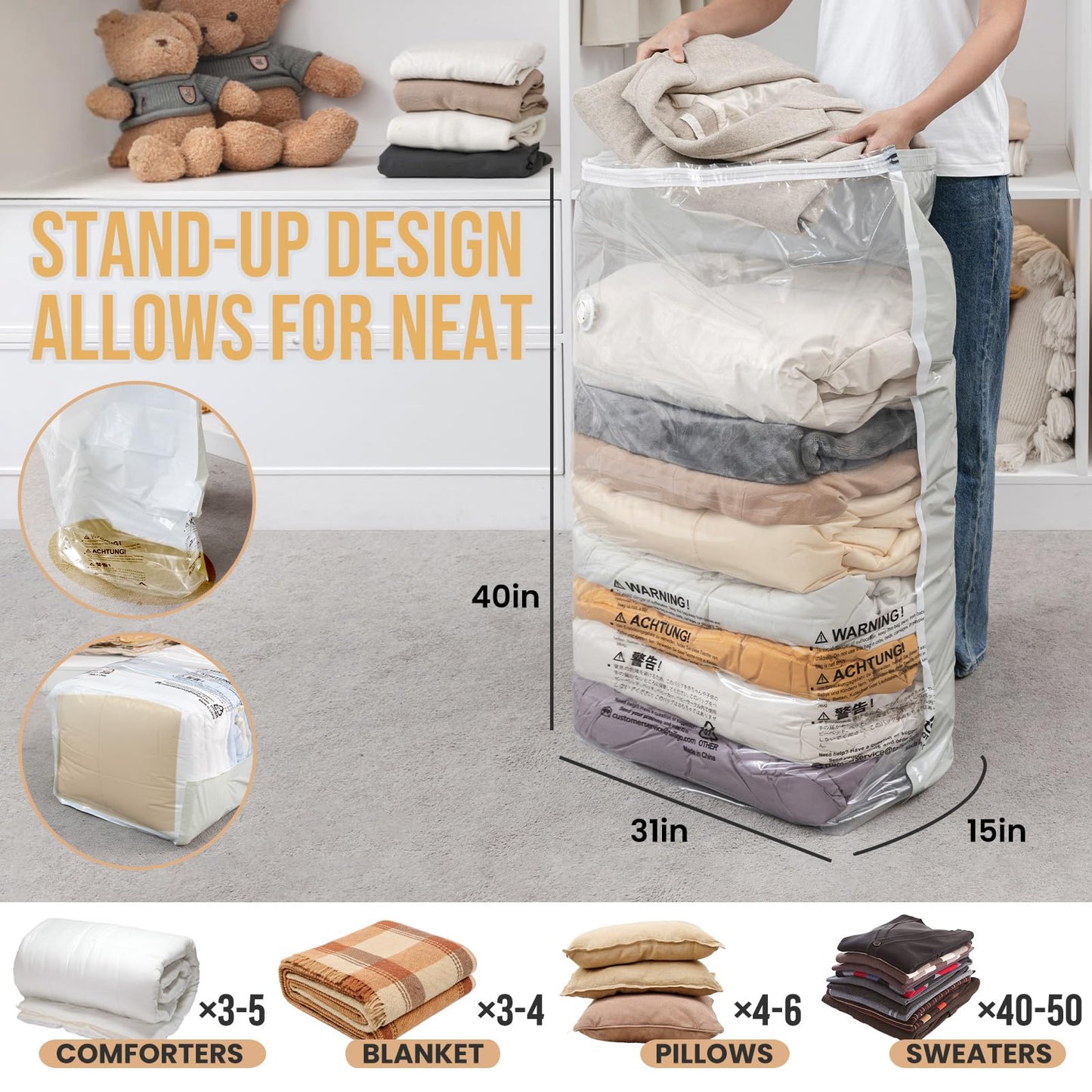 TAILI 6 Pack Vacuum Storage Bags, Jumbo Cube (31x40x15 Inch), Extra Large Vacuum Seal Bags for Clothing, Comforters, Blankets, Pillow, Bedding, Closet Organization Space Saving, Cream