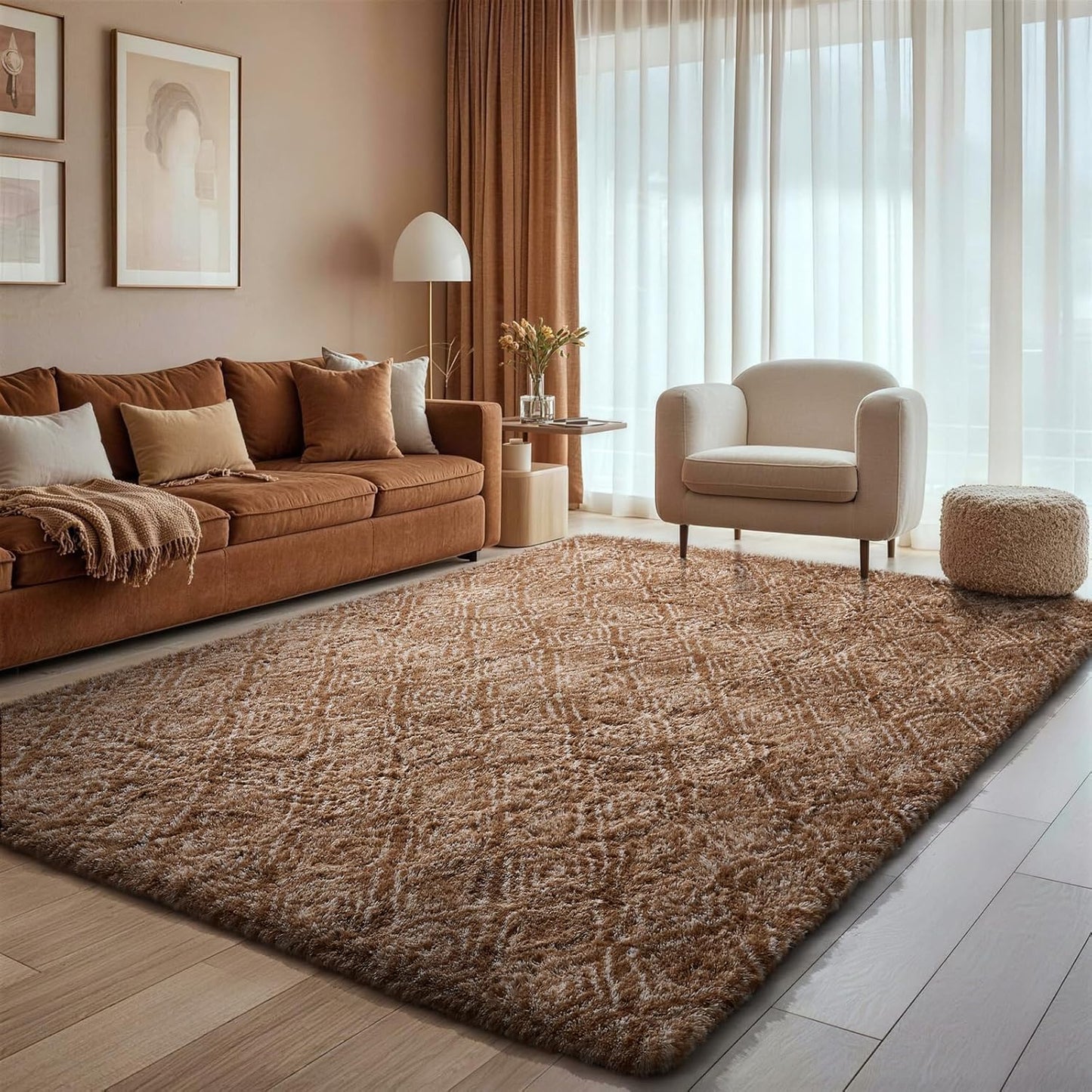 Ophanie Brown & White Diamond Striped Area Rug - Fluffy Shag 6x9 Soft Carpet for Living Room & Bedroom Decor
