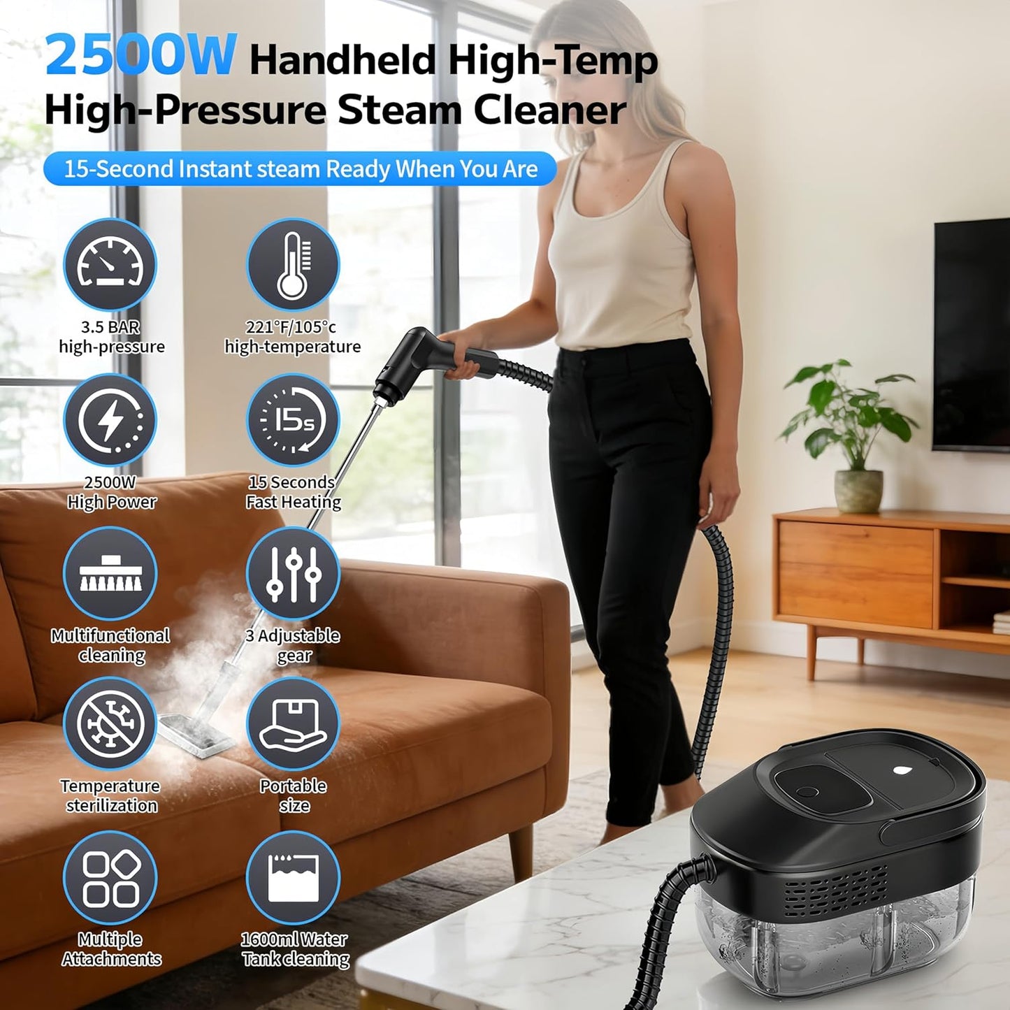Pressurized Handheld Steam Cleaner - 2500W, 54oz Capacity, 3-Level Adjustable Steam & 15 Accessories for Home & Auto