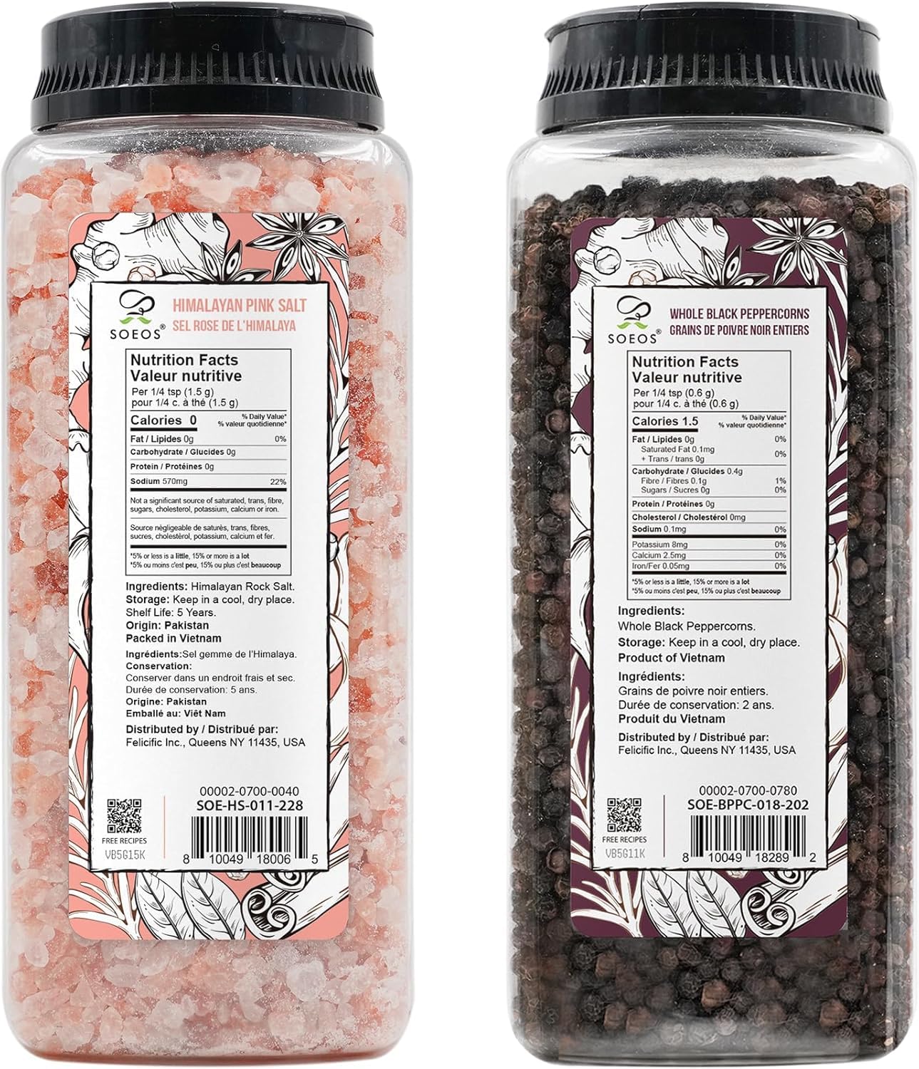 Soeos Himalayan Pink Salt & Whole Black Peppercorns Set - Coarse Grain, Non-GMO, Kosher | 39 oz & 18 oz