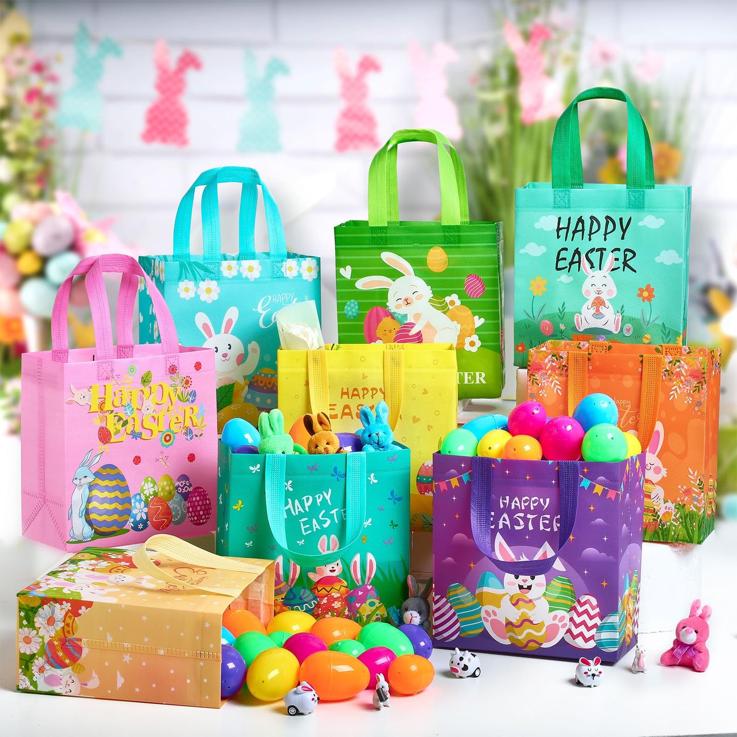 ZUIYIN 18Pack Easter Gift Bags Egg Hunt Bags with Handles for kids, Non-Woven Bags for Easter Baskets, Egg Hunt Game, Party