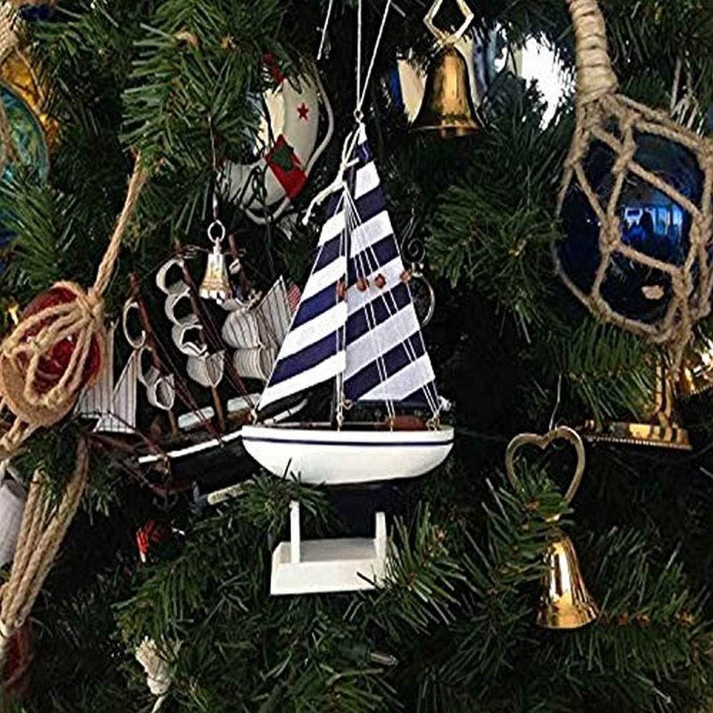 Blue Striped Sailboat Christmas Tree Ornament - Nautical Holiday Decor 9”