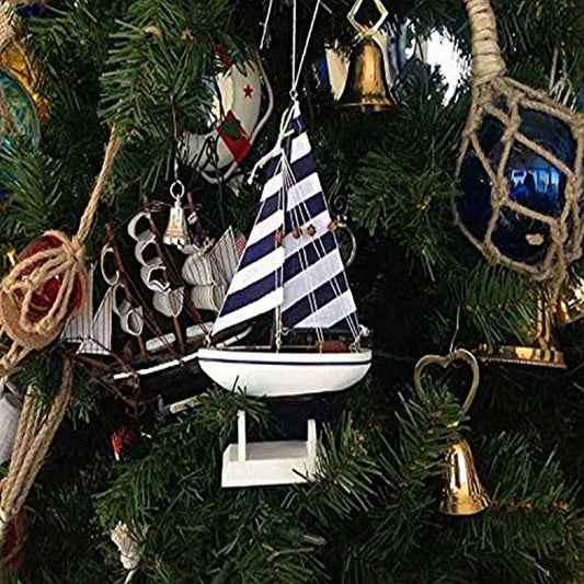 Blue Striped Sailboat Christmas Tree Ornament - Nautical Holiday Decor 9”