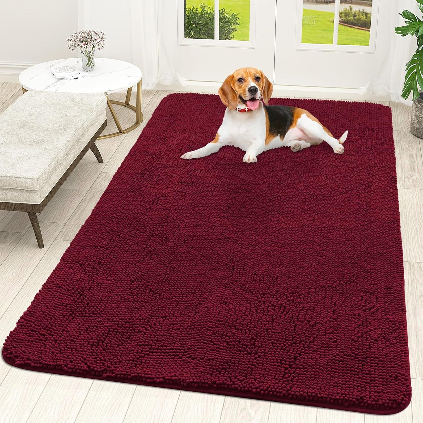 OLANLY Dog Door Mat - Absorbent Non-Slip Mud Mat for Indoor Use | Quick Dry Chenille, 70x46, Burgundy