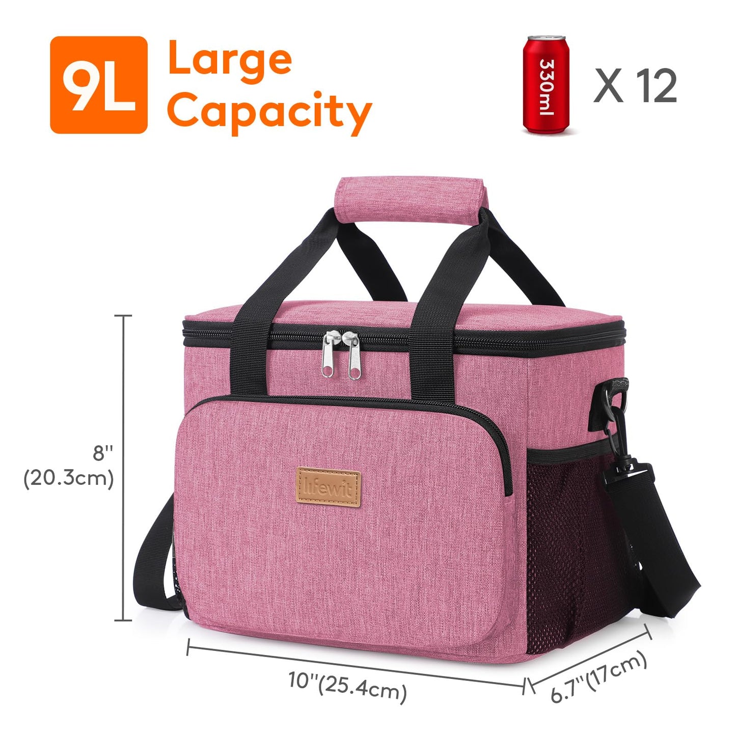 Lifewit Medium Lunch Bag, Insulated Lunch Box, Soft Cooler Cooling Tote for Adult Men Women, Pink 12-Can (9L)