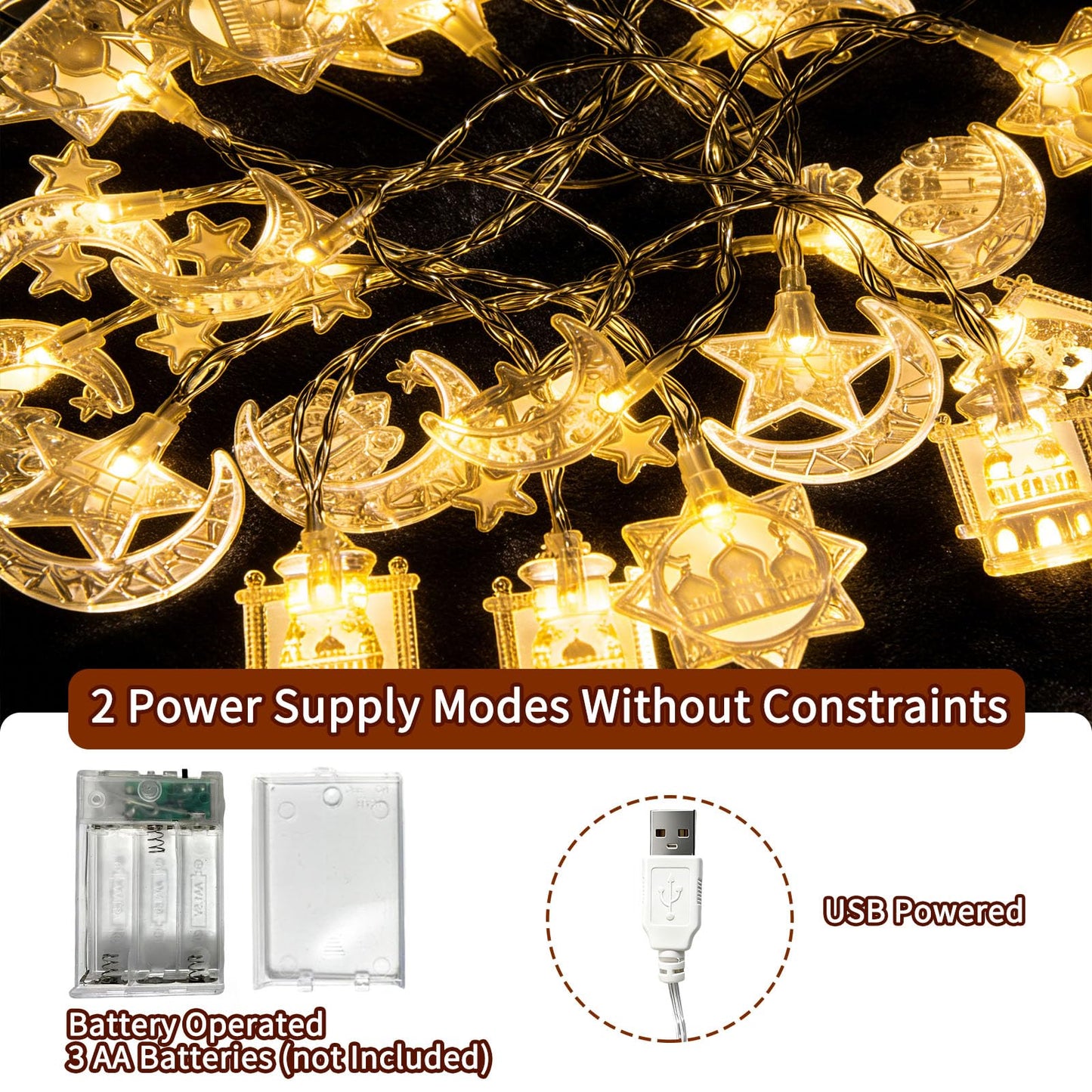 Moon Star String Lights 10FT 20 LED Star Fairy Lights Ramadan Lights with Battery & USB Powered 2 Lighting Modes Waterproof Eid Mubarak lights for Ramadan Decorations Christmas New Year Wedding Party