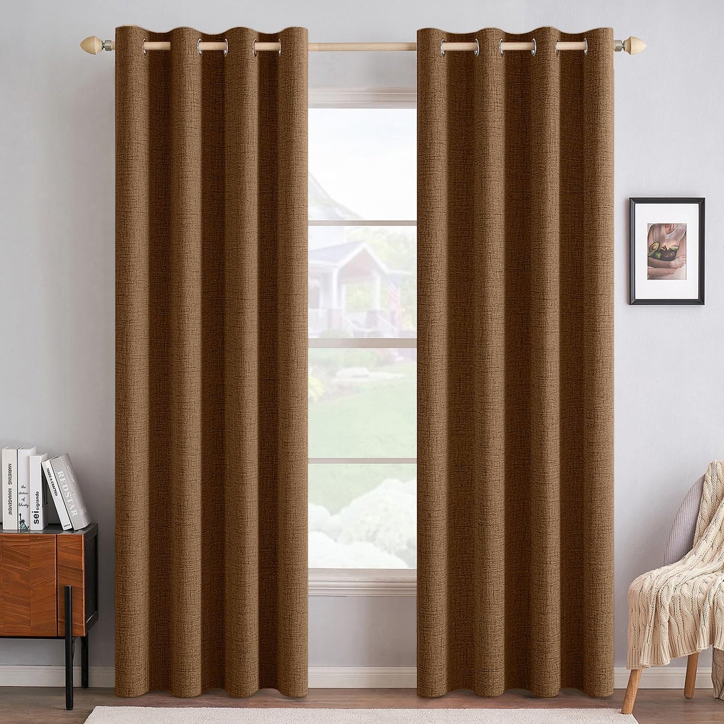 MIULEE Linen Curtains - 100% Blackout Thermal Insulated Drapes | Brown Grommet Room Darkening | 52 x 90 Inch (2 Panels)