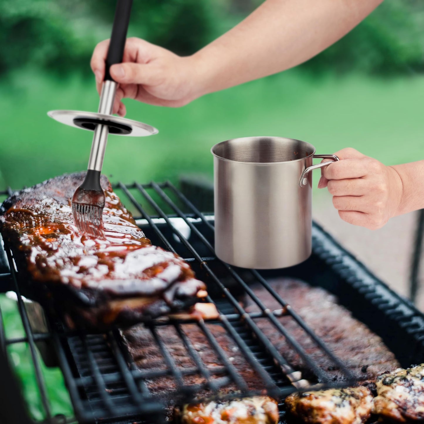 Geesta Adjustable Sauce Pot and Basting Brush Set, Long Stainless Steel Basting Brush for Cooking, Smoking, Fathers Day Grilling Gifts for Men Smoker Accessories, Large Capacity Grilling Tools, 2 Pack