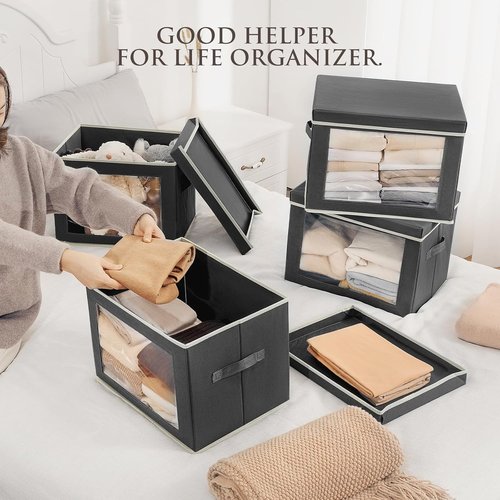 Homsorout Stackable Storage Bins - Large Foldable Closet Organizers with Lids, 4 Pack, Dark Grey