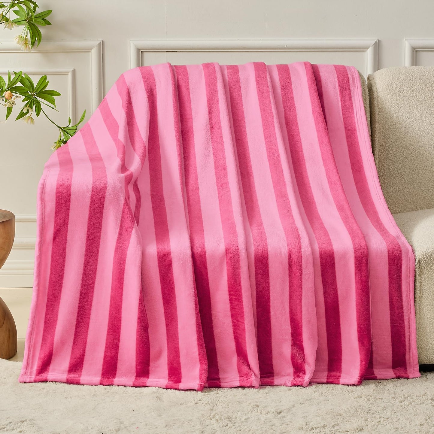 FY FIBER HOUSE Striped Flannel Twin Blanket for Couch Soft Cozy Blankets for Sofa All Season Use, 60x80 Inches, Hot Pink