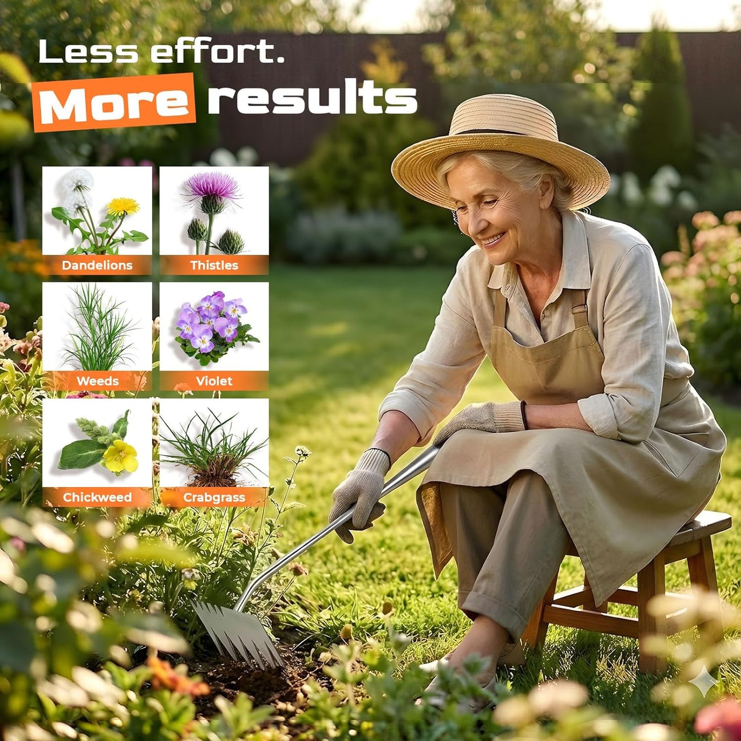 LOOHOI Stainless Steel Weed Puller Tool - 4-Tooth Manual Weeder for Efficient Garden Weeding & Planting