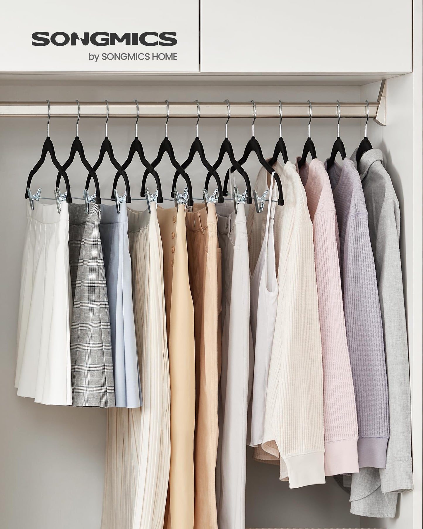 SONGMICS 30 Pack Pants Hangers, 16.7 Inches Long Velvet Trousers Hangers with Adjustable Clips, Heavy-Duty, Non-Slip, Space-Saving for Pants, Skirts, Coats, Dresses, Tank Tops, Black UCRF12B30