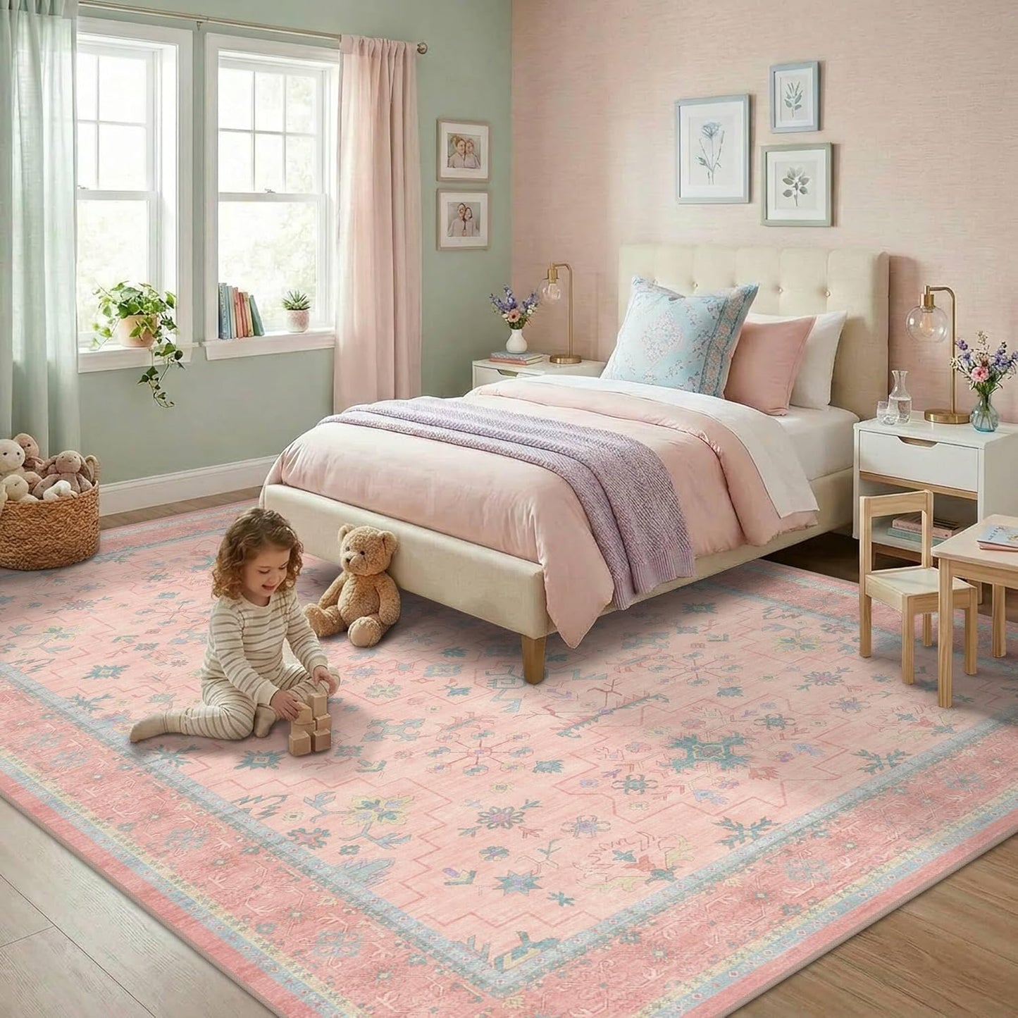 Skiennix Boho Area Rug - Washable Pink & Blue 6x8 for Kids' Playroom | Soft, Non-Slip, Stain-Resistant Design