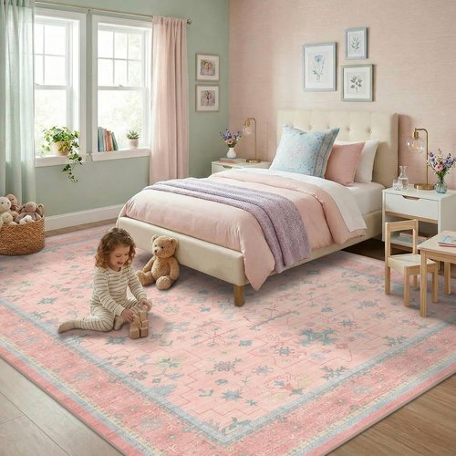 **Skiennix Oushak Rugs - Washable Pink & Blue Floral Design | Soft Faux Wool, 8x10 Size for Bedrooms & Living Rooms**