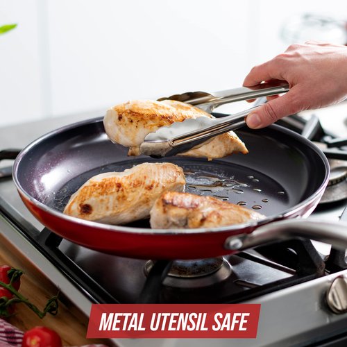 Blue Diamond 12" Nonstick Frying Pan Skillet, Diamond Infused PFAS & PTFE-Free Ceramic Pot, Dishwasher & Oven Safe, Stay Cool Handle, Durable Non Toxic Metal Utensil Safe, Egg & Omelet Pan, Red