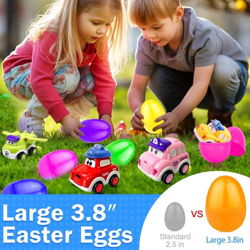 AMENON 6 Pack 3.8" Jumbo Easter Eggs Filled with Pull Back Cars, Easter Eggs with Toys Inside 6 Style Pull Back Car for Kids Toddlers Boys Girls Basket Stuffers Fillers Egg Hunt Party Favors Gifts