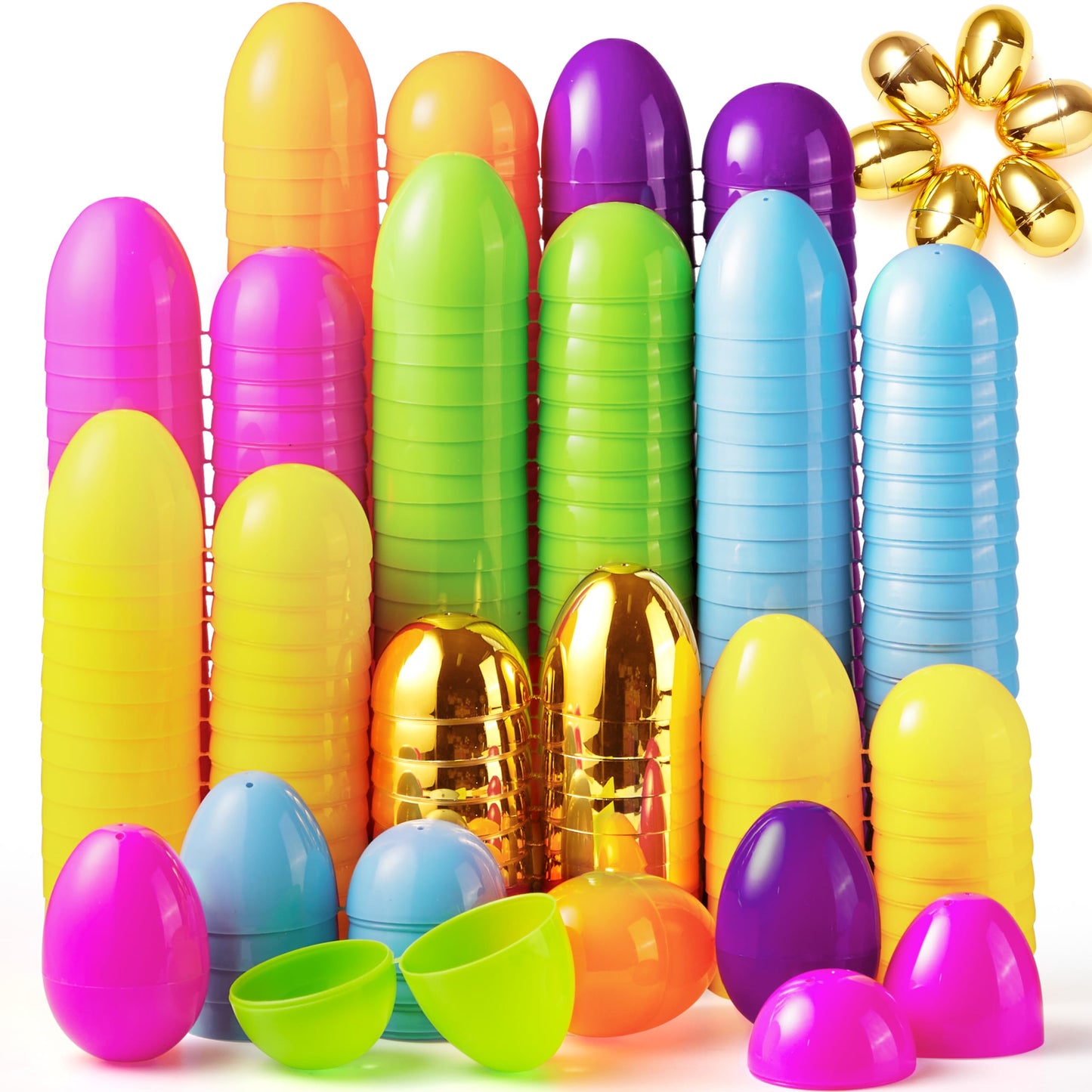 JOYIN 3.15" 144 PCS Plastic Easter Eggs 6 Golden Eggs, Large Empty Eggshells Fillable for Easter Hunt, Parties, Basket Stuffers Filler, Classroom Prize Supplies