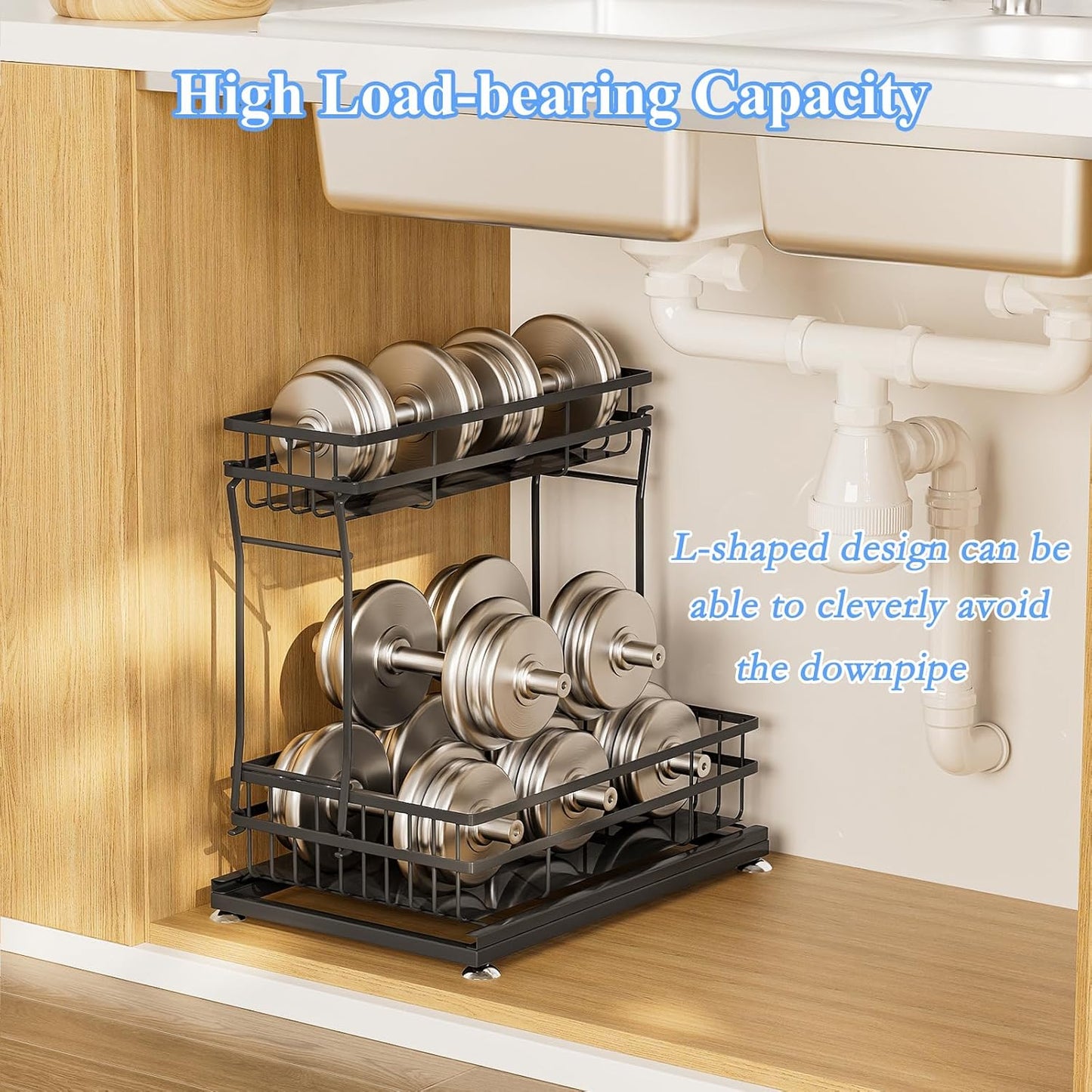 Skiennix Under Sink Organizer - 2 Tier Pull-Out Cabinet Storage with Metal Sliding Drawers | Black