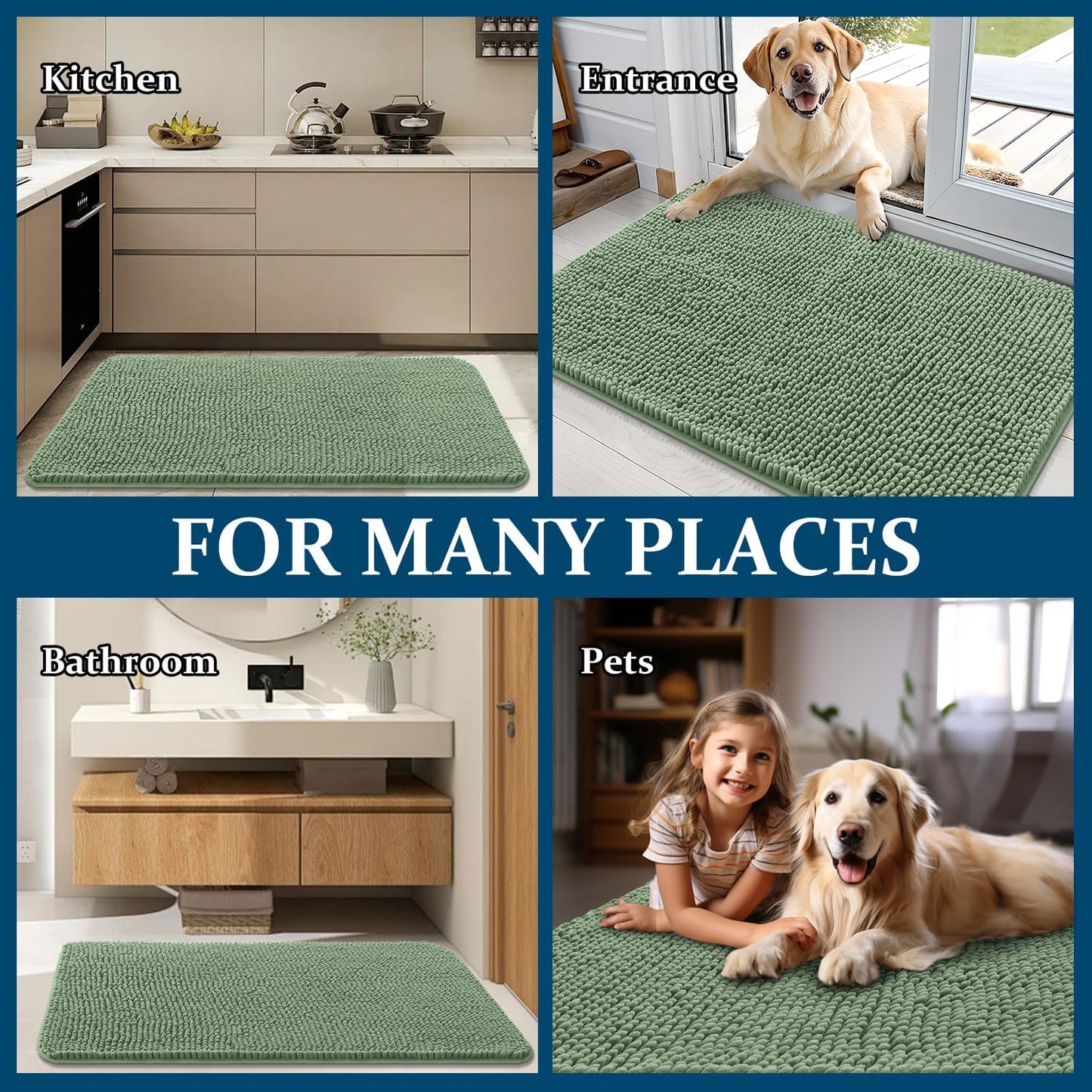 OLANLY Dog Door Mat - Absorbent Non-Slip Washable Chenille Mat for Muddy Paws | 35x24 Inches, Olive Green