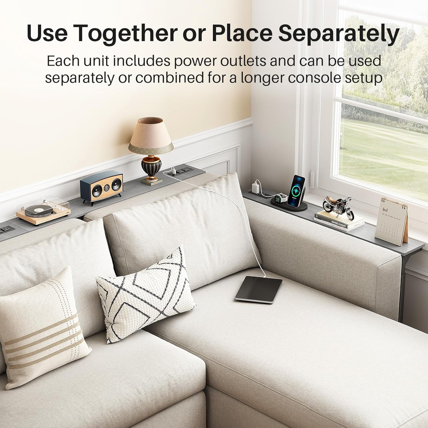 Kitstorack Long Sofa Table - Adjustable Height 25"-33" with 2 Power Outlets | Dark Gray, 5.9" D x 79" L