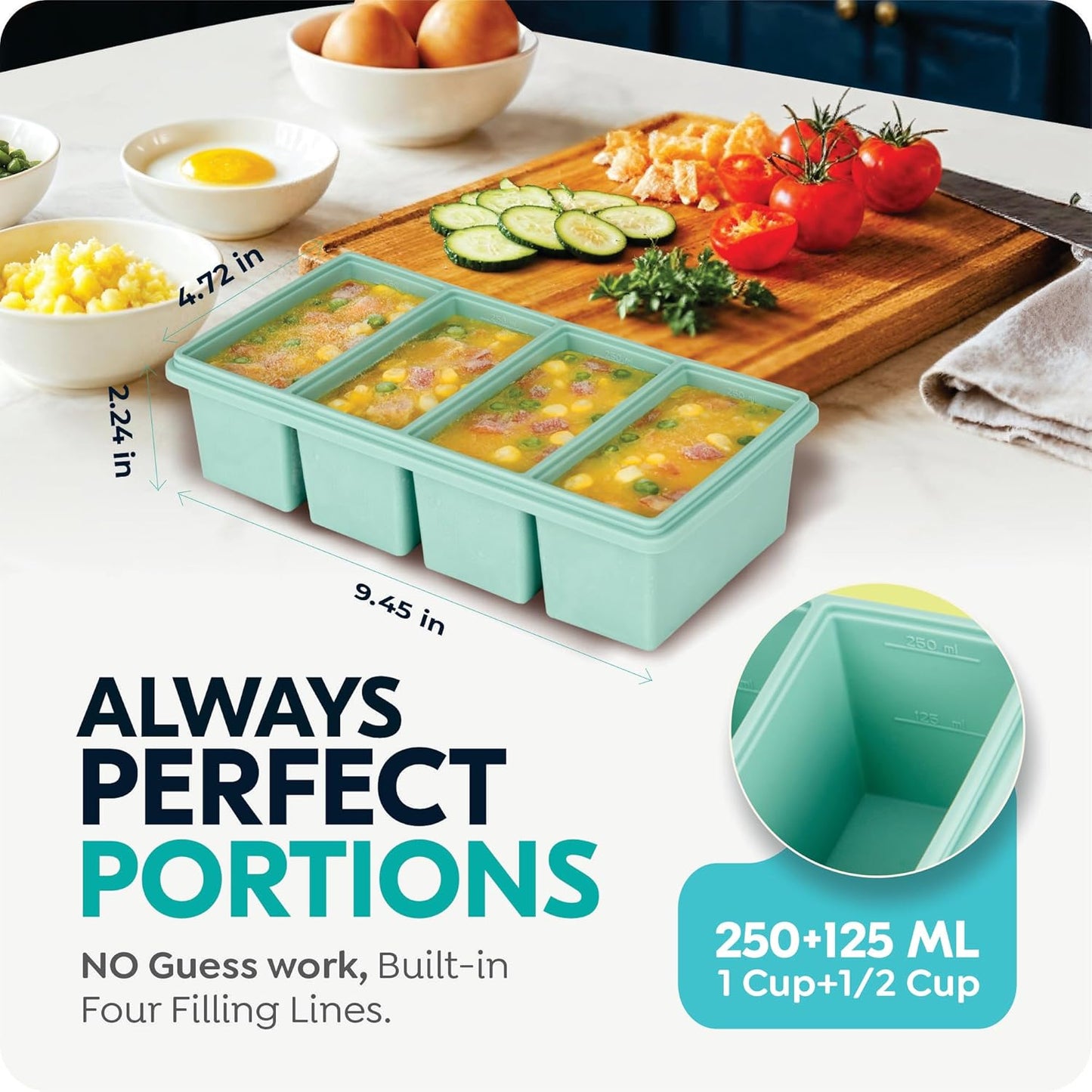 Skiennix Silicone Freezer Trays - Leakproof 1-Cup Ice Cube Containers, BPA Free, 2 Pack for Meal Prep & Leftovers