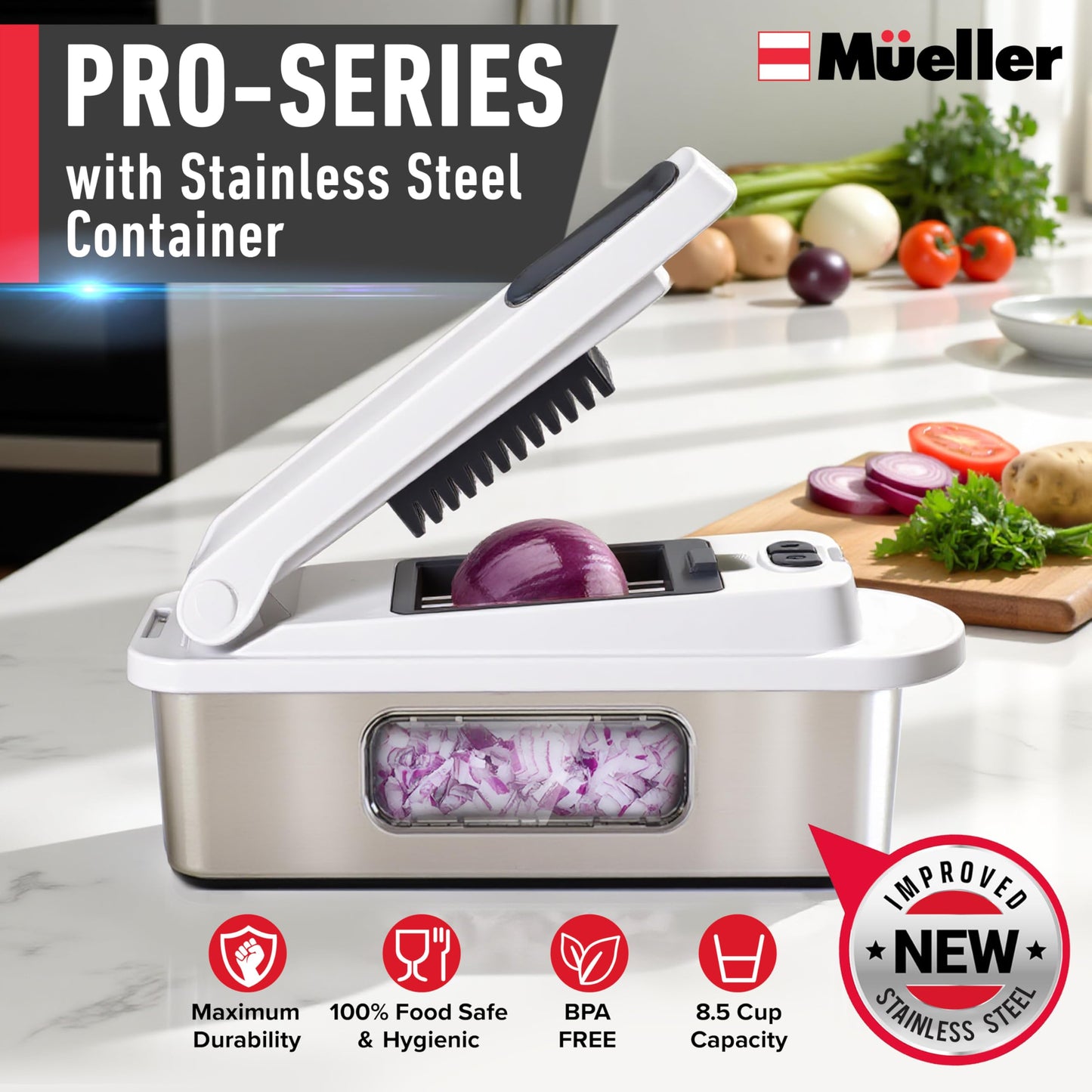 Mueller Pro-Series 10-in-1, 8 Blade Stainless Steel Multi Vegetable Chopper And Mandoline Slicer, Kitchen Accessories and Essentials, Food and Veggie Chopper, Mincer, Dicer, White Sand/Grey