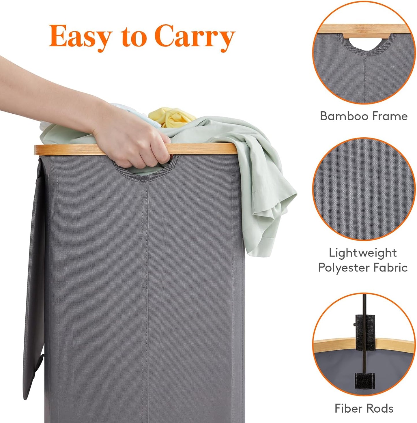 Lifewit 150L Laundry Basket - Foldable Hamper with Lid & Bamboo Handles | 2 Removable Bags, Grey