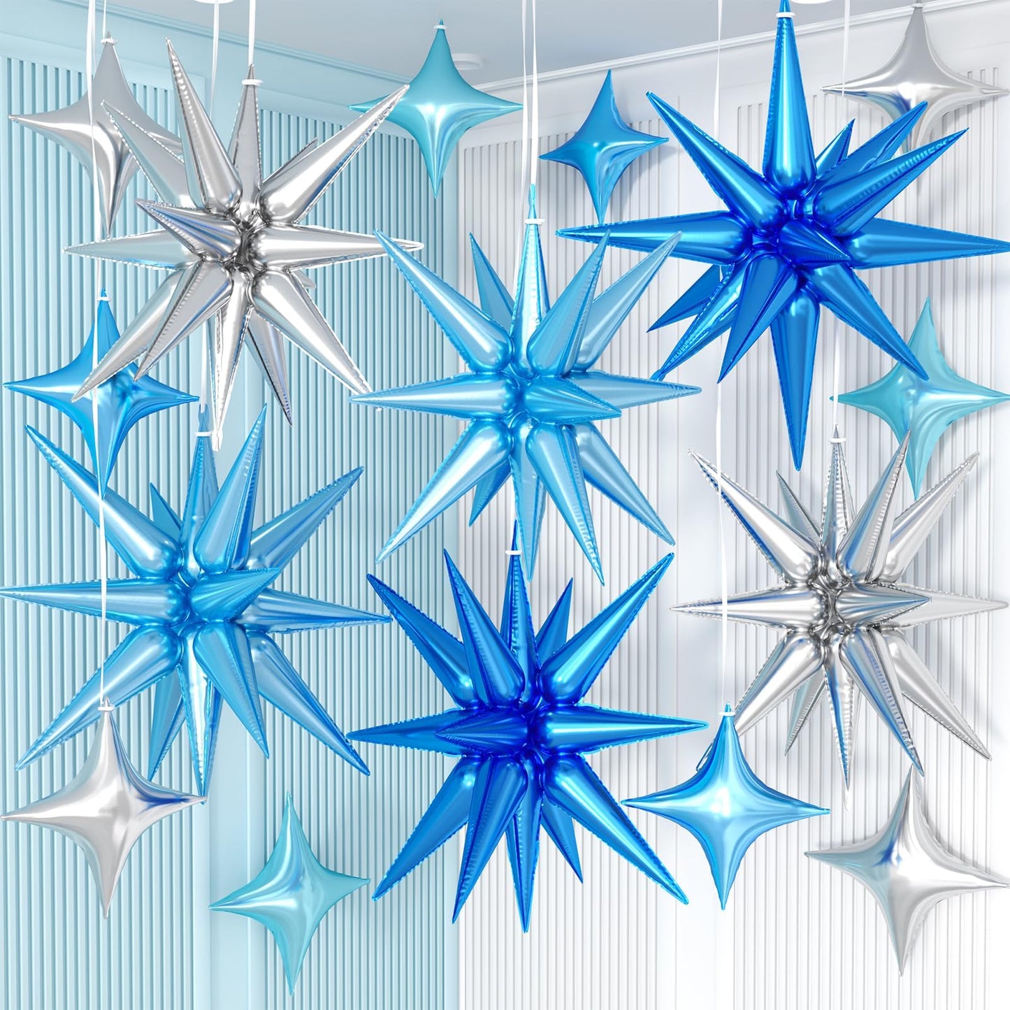 Blue Silver Star Balloons Kit with 6pcs 22in Cone Foil Balloons and 10pcs 10in Four Pointed Star Balloons for Birthday Anniversary Disco Party Decorations
