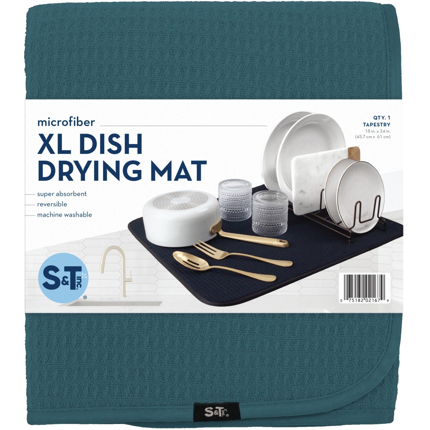 S&T INC. Dish Drying Mat XL, 18” x 24”, Absorbent Microfiber Kitchen Counter Mat, Dish Drying Pad for Dishes, Utensils, Pots and Pans, Extra Large, Tapestry Blue