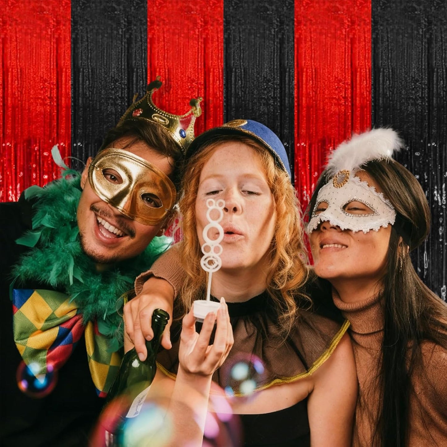 Party Backdrop Streamers - 10 Pack Black & Red Foil Fringe Curtains for Birthday & Holiday Decor