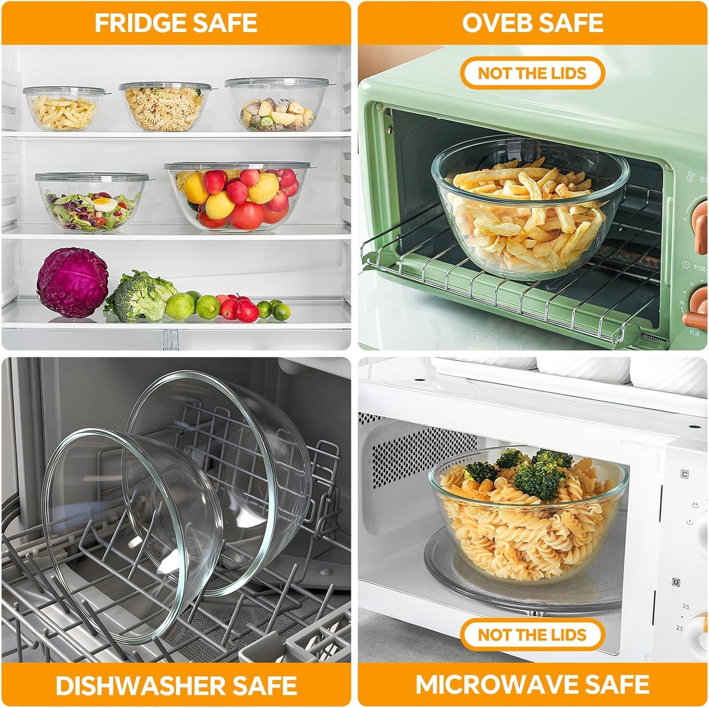 Skiennix Glass Mixing Bowls Set of 5 - Thick Nesting Bowls with Lids for Baking & Storage | Dishwasher & Microwave Safe