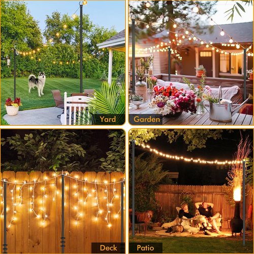 Feed Garden String Light Poles - 9.8FT Metal Stands for Outdoor Decor | 4 Pack for Deck, Patio & Events