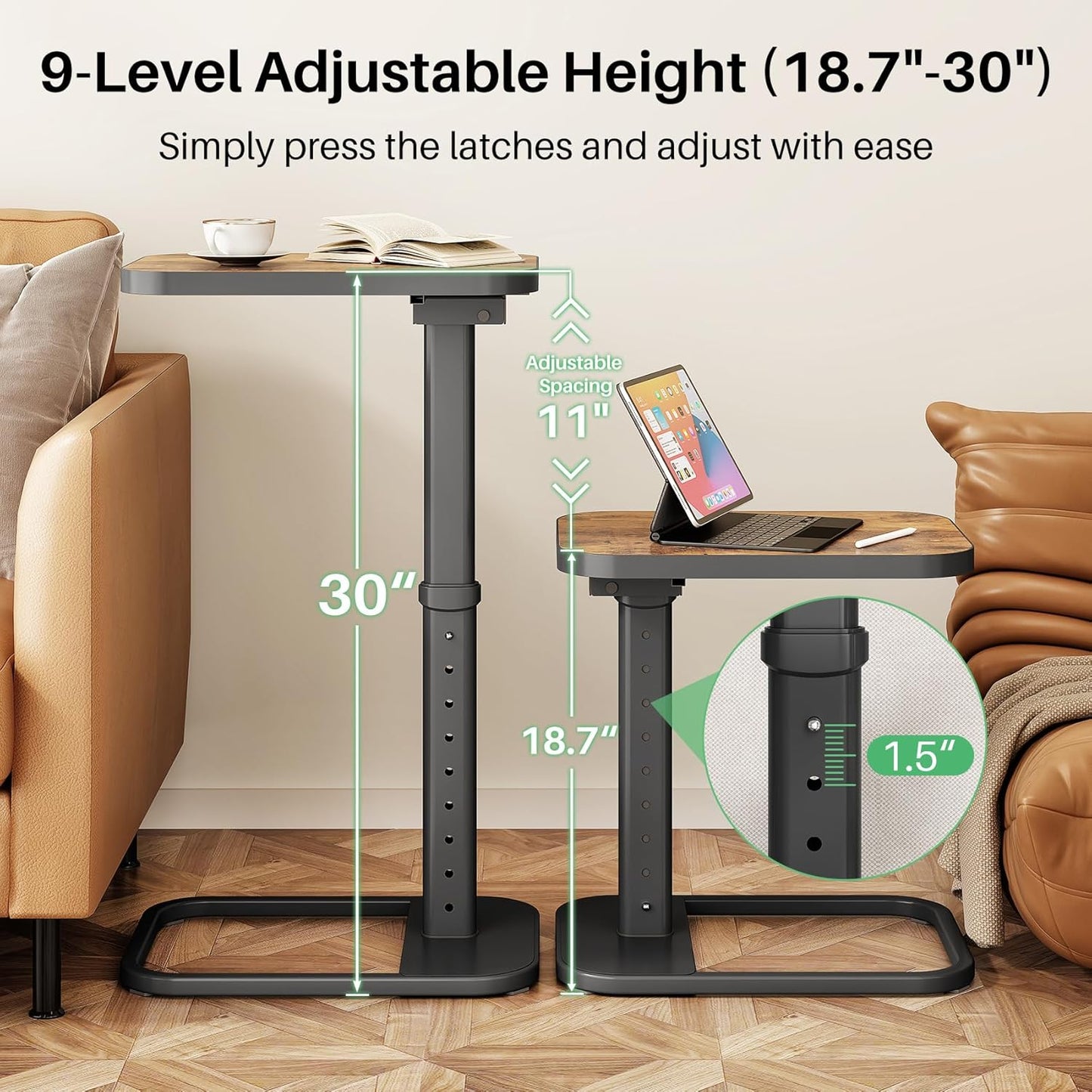 Kitstorack TV Tray Table - Adjustable Height & Flip-Top Design | C-Shaped Snack Table for Couch & Sofa