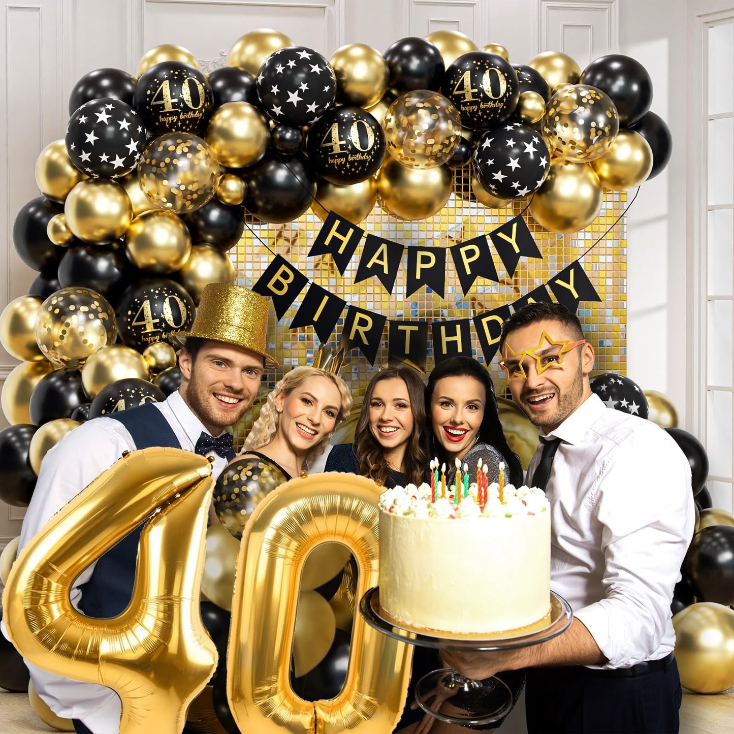 115pcs 40th Birthday Balloon Arch with Black Gold Balloon Garland happy Birthday Banner 40th Foil Balloon for 40th Birthday Decorations for Men or Women Anniversary Decorations