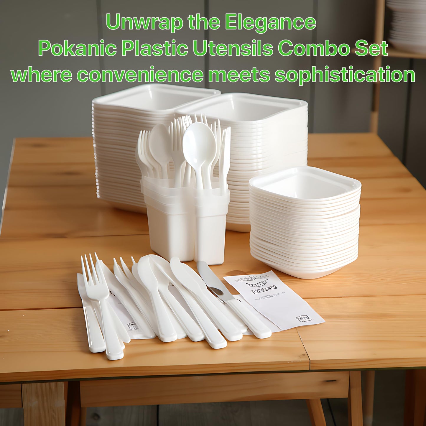 Pokanic Plastic Utensils x [125 Pack] Silverware Wrapped Combo Set Bulk Variety Pack Disposable Cutlery Party Supply Heavy Duty Forks, Spoons, Knives, Napkins, Salt Pepper (125 Pack, White - Set A)