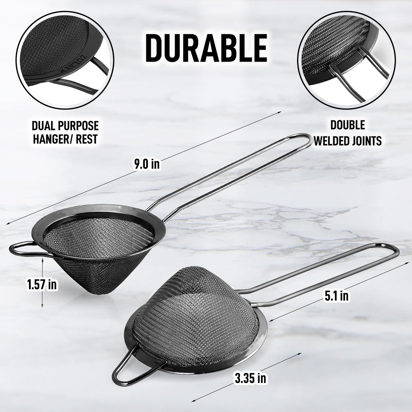 Zulay Stainless Steel Small Strainer - Effective Cone Shaped Cocktail Strainer For Cocktails, Tea Herbs, Coffee & Drinks - Fine Mesh Strainer That Is Rust Proof & Great As A Tea Strainer (Gold)