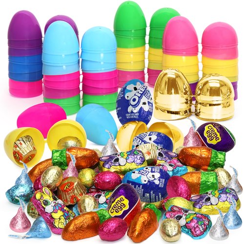 Easter Candy with Fillable Plastic Eggs Bundle - Pack Of 24 Plastic Eggs With Assorted Chocolate Candy for Filling - Holiday Party Treats & Easter Basket Stuffers
