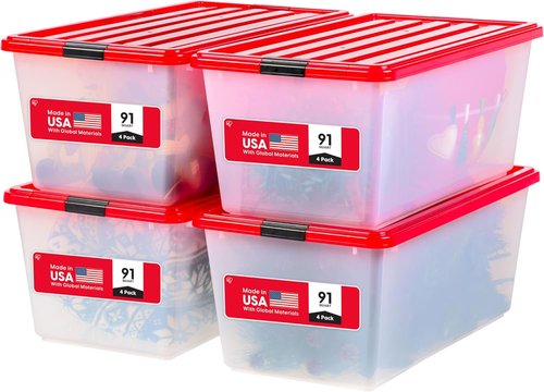 IRIS USA Stackable Plastic Storage Bins - 91 Qt, BPA-Free, Durable Nestable Containers, 4 Pack - Red
