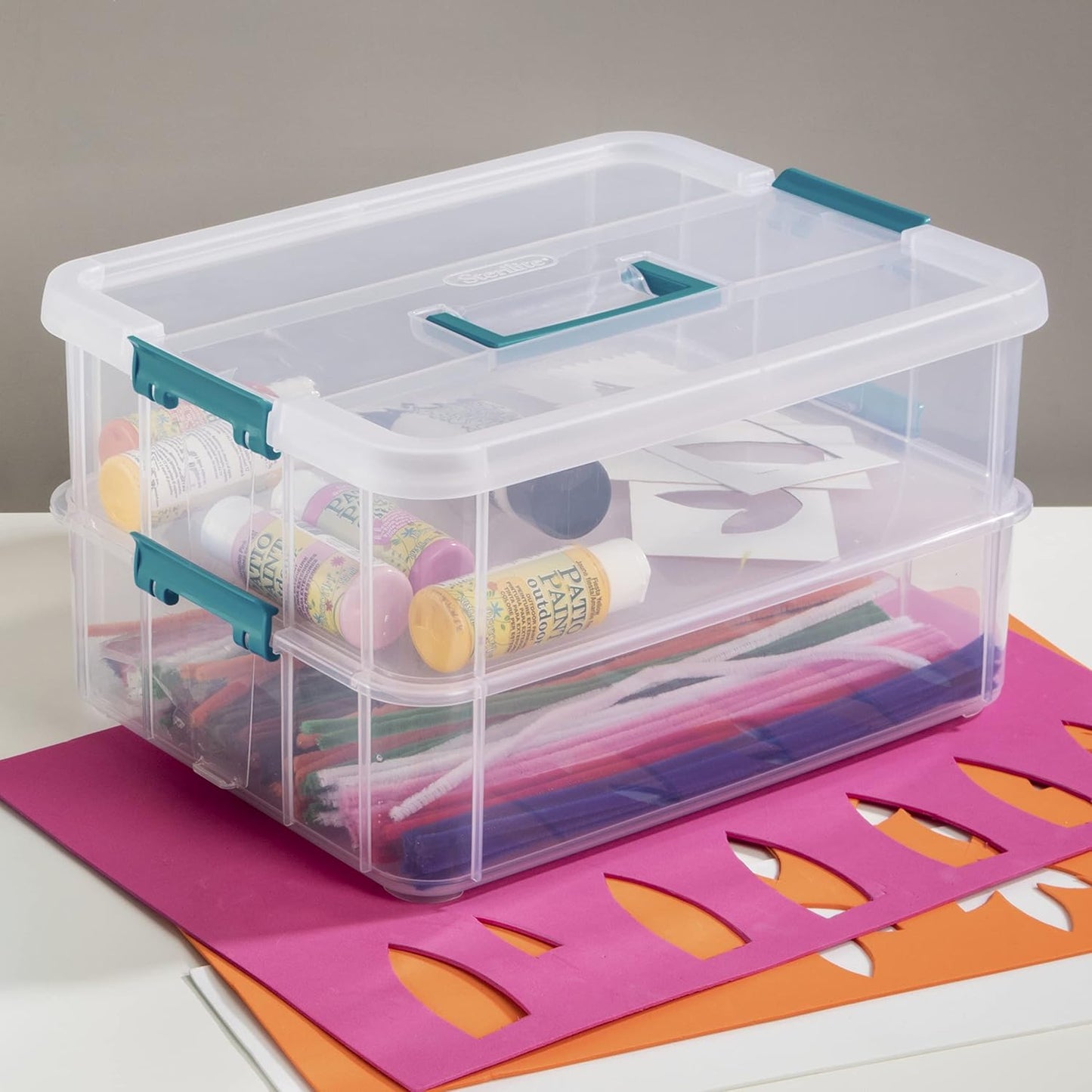 Sterilite 1427CLR Stack & Carry - Clear 2-Layer Storage Box with Blue Handle & Lid